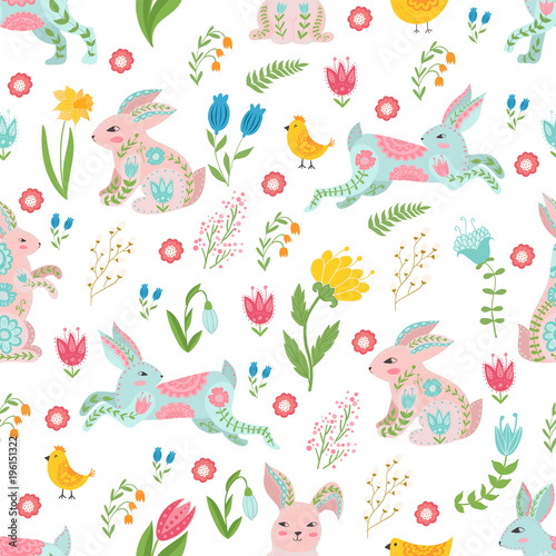 Easter concept seamless pattern. Cute rabbits and chicken in flowers. Seamless pattern.
