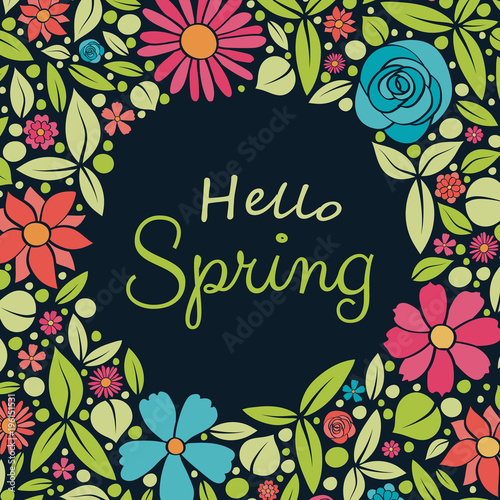 Welcome Spring - poster with hand drawn flowers. Vector.