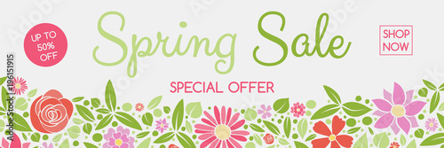 Concept of a header with colorful flowers for Spring Sale. Vector.
