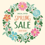 Spring Sale - colorful poster with flowers. Vector.