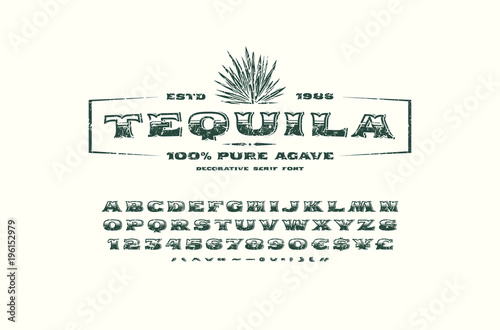 Ornate serif font and label template for tequila