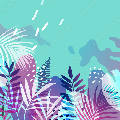 Bright tropical background with jungle plants. Exotic pattern with palm leaves and memphis elements. Vector illustration.