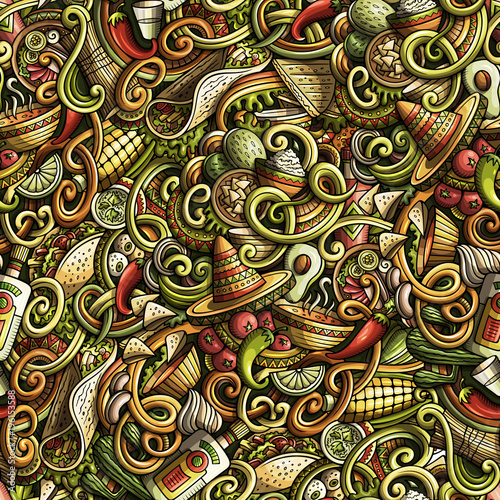 Cartoon mexican food doodles seamless pattern
