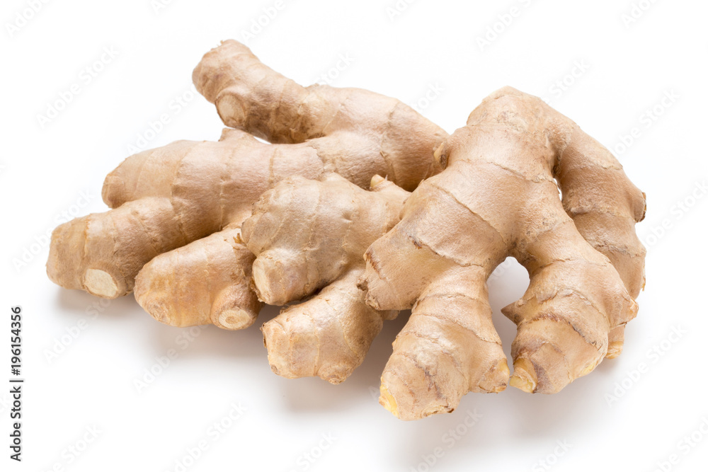 Ginger bio and lemon on white background.