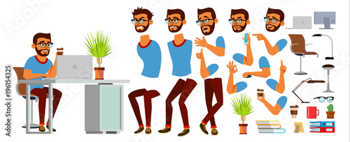 Business Man Character Vector. Working Hindu Male. Business Start Up. Modern Office. Coding, Software Development. Programmer. Animation Set. Bearded Salesman. Face Emotions. Cartoon Illustration