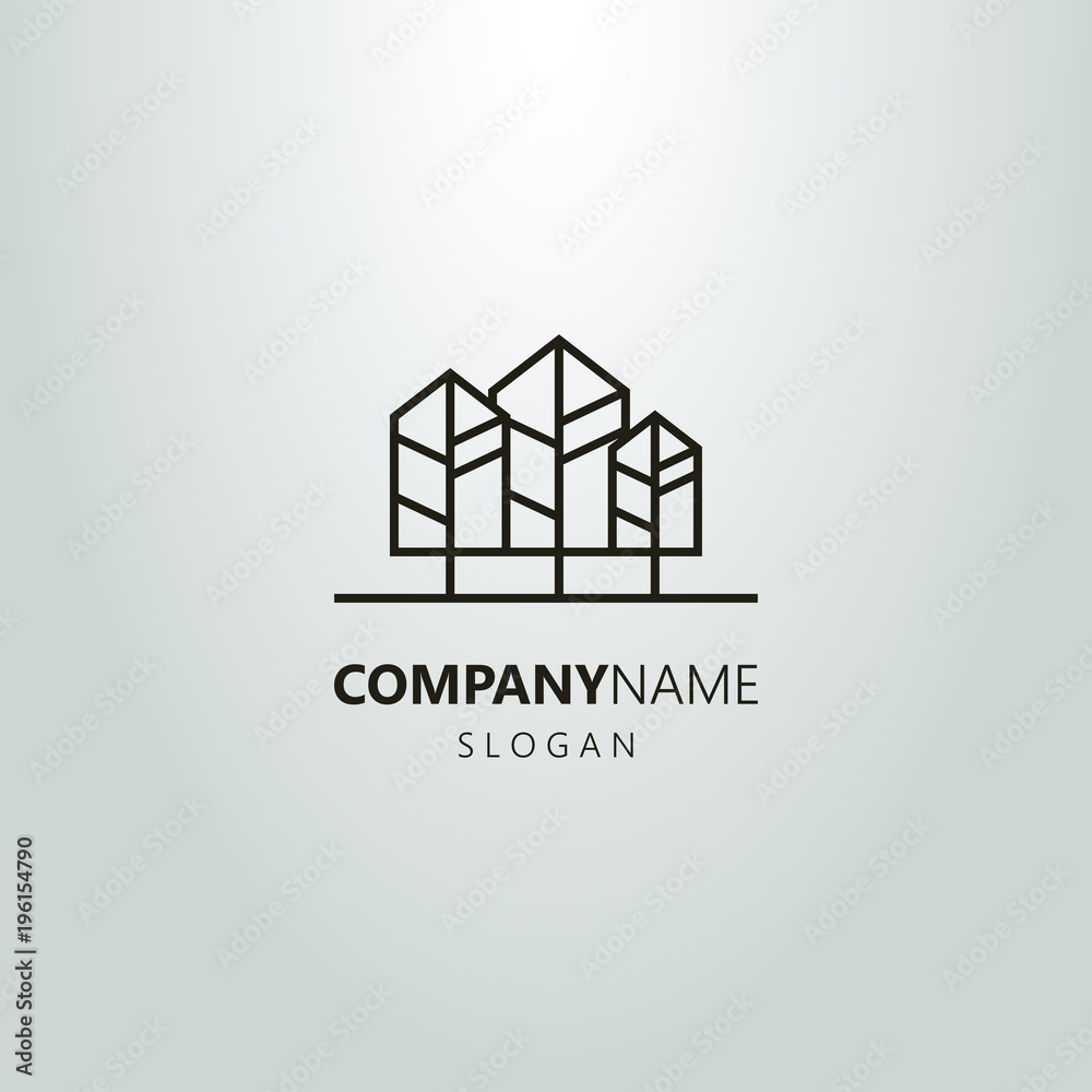 black and white linear logo of three trees in the form of buildings