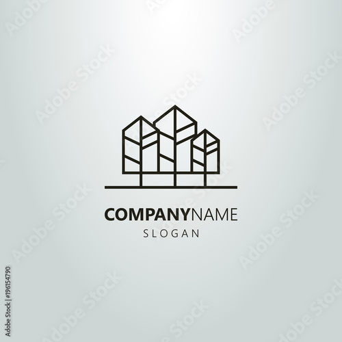 black and white linear logo of three trees in the form of buildings