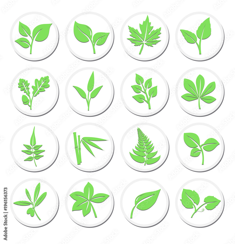 Green Leafs Plant Symbols, Stylised Selection of Vibrant Leaf Icons Green Leafs Plant Symbols, Stylised Selection of Vibrant Leaf Icons