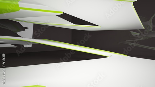 Abstract dynamic black interior with white and green smooth objects. 3D illustration and rendering