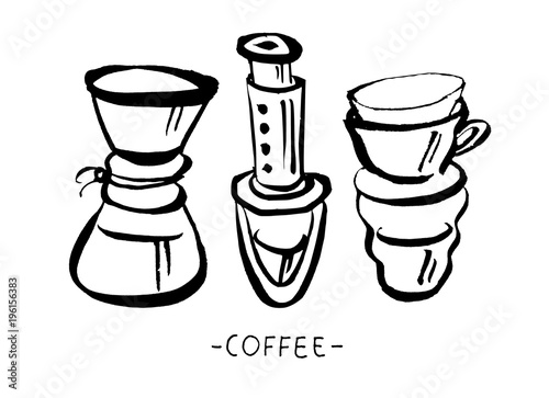 Vector hand drawn illustration set of coffee preparation.Brush pen illustration. Pourover and other alternative methods collection