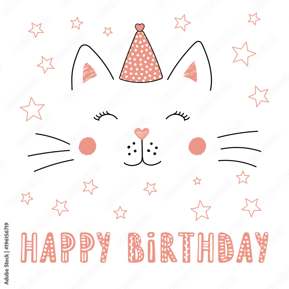 Hand drawn vector portrait of a cute funny cat in party hat, with text ...