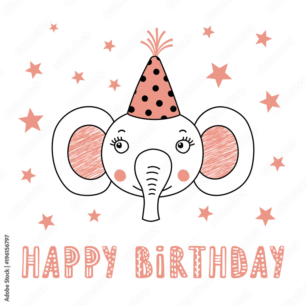 Hand drawn vector portrait of a cute funny elephant in party hat, with text Happy  Birthday. Isolated objects on white background. Vector illustration. Design  concept for kids, party, celebration, card Stock Vector |