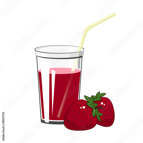 Glass with Fresh Fruit Berry Juice with Strawberry and a Straw Isolated on a White Background , Summer Time, Vector Illustration