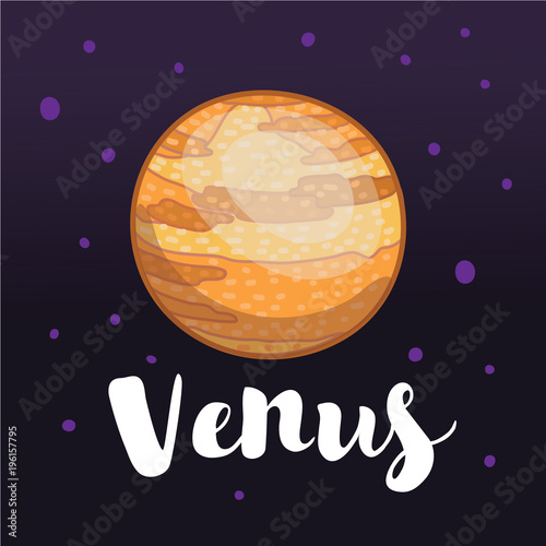 Vector cartoon funny illustration of planet smiling happy Venus in retro flat cartoon style on space black star sky.