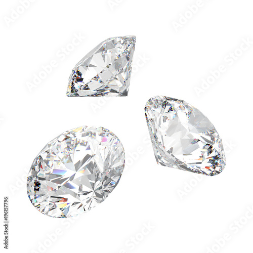 3D illustration isolated three white round diamonds stones