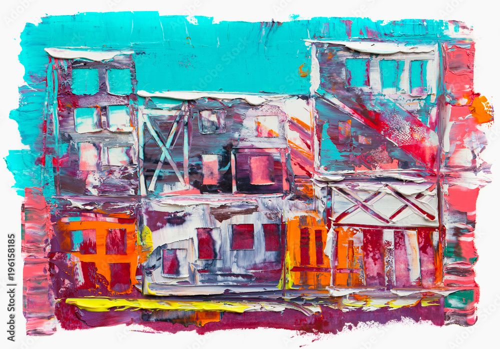 Abstract painting of city buildings