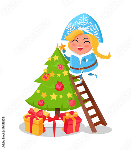 Happy Snow Maiden Decorating Christmas Tree Icon