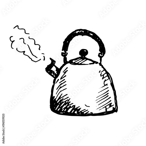 Hand drawn whistling kettle with steam. Sketch, vector illustration.