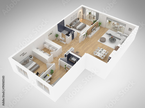 Home floor plan top view 3D illustration. Open concept living apartment layout