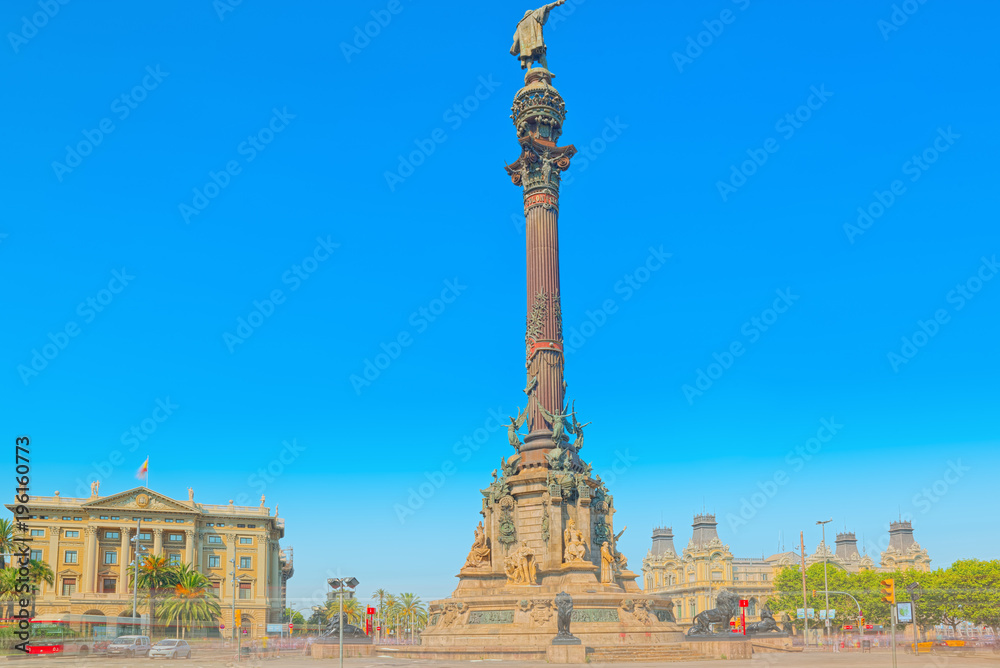 Monument of Columbus, stand near Rambla Avenue in Barcelona, mos