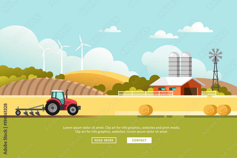Agriculture and Farming. Agribusiness. Rural landscape. Design elements for info graphic, websites and print media. Vector illustration. - obrazy, fototapety, plakaty 