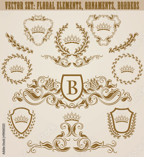Set of golden monograms with floral elements for page, web design. Filigree royal shields, old frames, borders in vintage style for label, emblem, badge, logo, wedding card, invitation. Illustration.