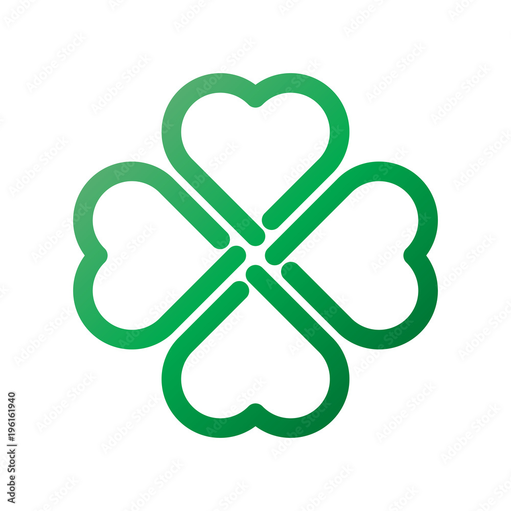 Shamrock - green gradient thick outline four leaf clover icon. Good luck theme design element. Simple geometrical shape vector illustration.