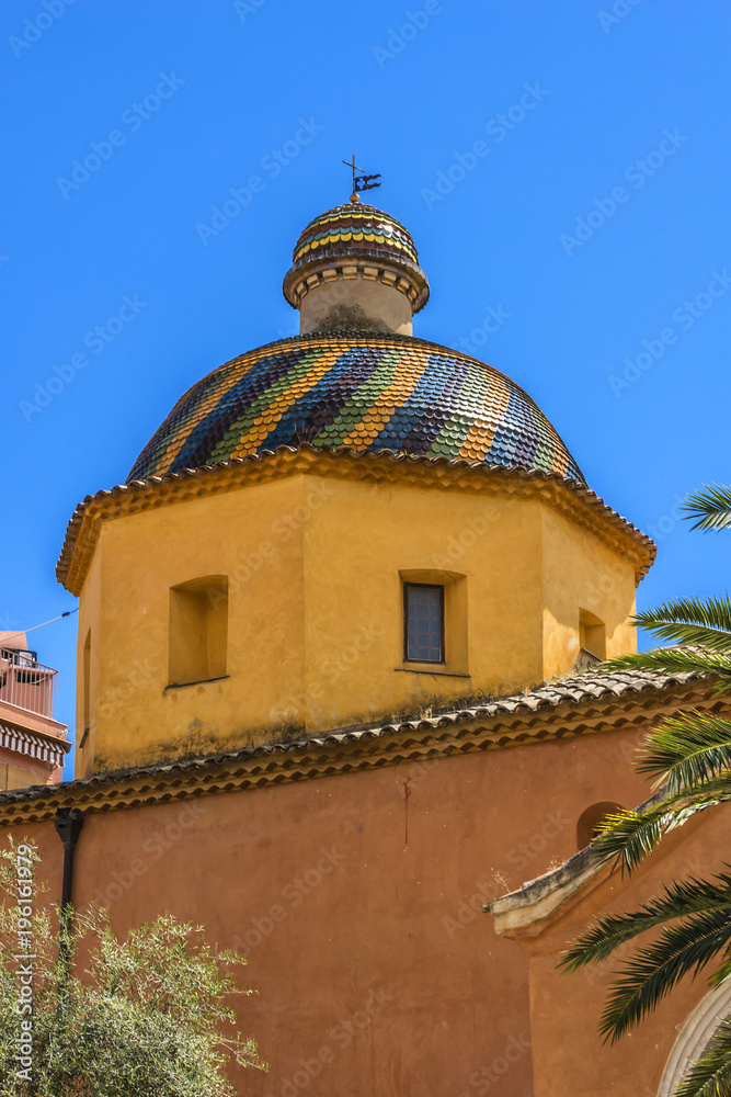 Eglise des Penitents Blancs (XVII century) in Saint Paul de Vence with Dome covered with polychrome tiles. Chapel was seat and praying area of confraternity of Penitents Blancs. Cote d'Azur, France.