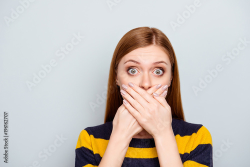 Hush scared business people coughing big pop-eyed fashion concept. Close up portrait of pretty cute terrified frightened mute dumb silent manager model with palms over mouth isolated gray background