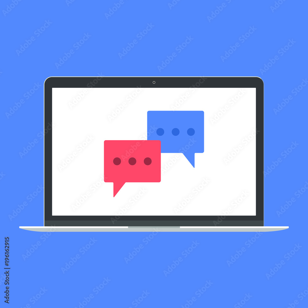 Modern device - laptop, computer or netbook pc flat design with chat bubbles on the screen icon vector illustration. No keybord technology concept of chatting on screen isolated on blue background Modern device - laptop, computer or netbook pc flat design with chat bubbles on the screen icon vector illustration. No keybord technology concept of chatting on screen isolated on blue background