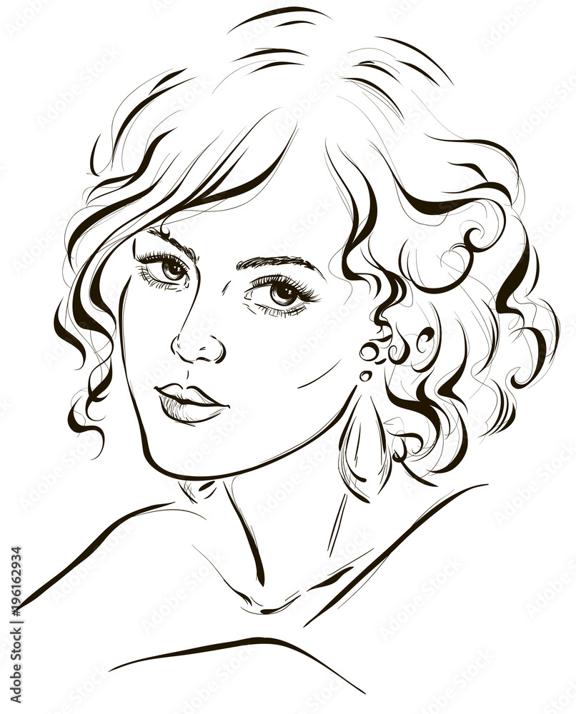 Graphic portrait of a young fashion girl with beautiful wavy hair. Vector illustration Graphic portrait of a young fashion girl with beautiful wavy hair. Vector illustration