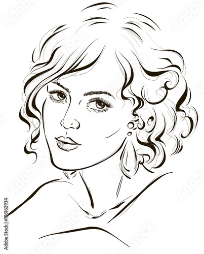 Graphic portrait of a young fashion girl with beautiful wavy hair. Vector illustration