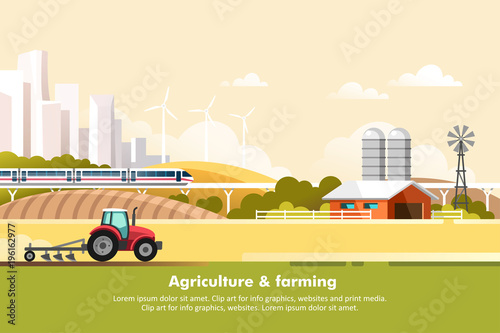 Agriculture and Farming. Agribusiness. Rural landscape with silhouette megapolis and train rail. Design elements for info graphic, websites and print media. Vector illustration.