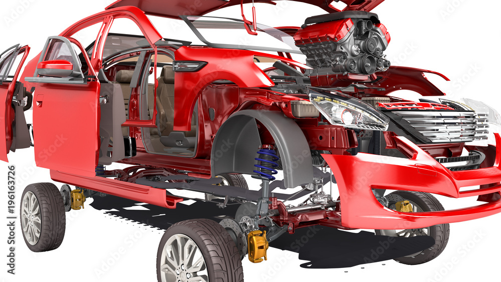 Fototapeta premium Details of the red car on a white background 3D render no shadow