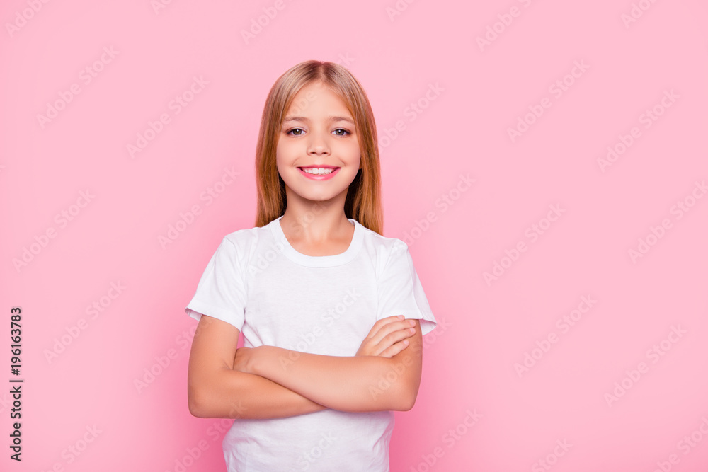 Happiness person healthcare concept. Close up portrait of cute lovely sweet tender gentle charming concentrated stylish glamorous standing with folded arms girl isolated on punk background Happiness person healthcare concept. Close up portrait of cute lovely sweet tender gentle charming concentrated stylish glamorous standing with folded arms girl isolated on punk background