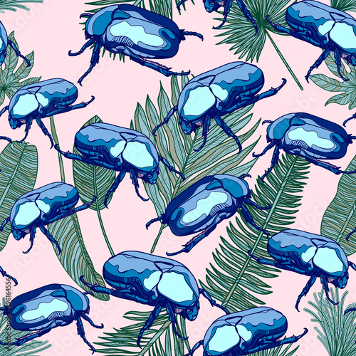 Seamless pattern with scarab beetles.