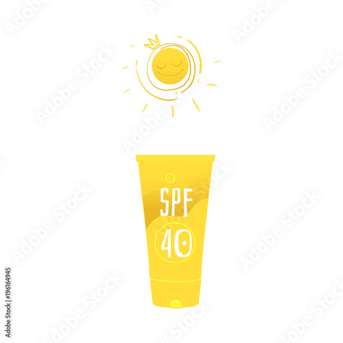 Vector flat travelling, beach vacation symbol beach suntan sunblock sunscreen uv cream in yellow bottle icon. Summer holiday poster, banner design element. Isolated illustration, white background