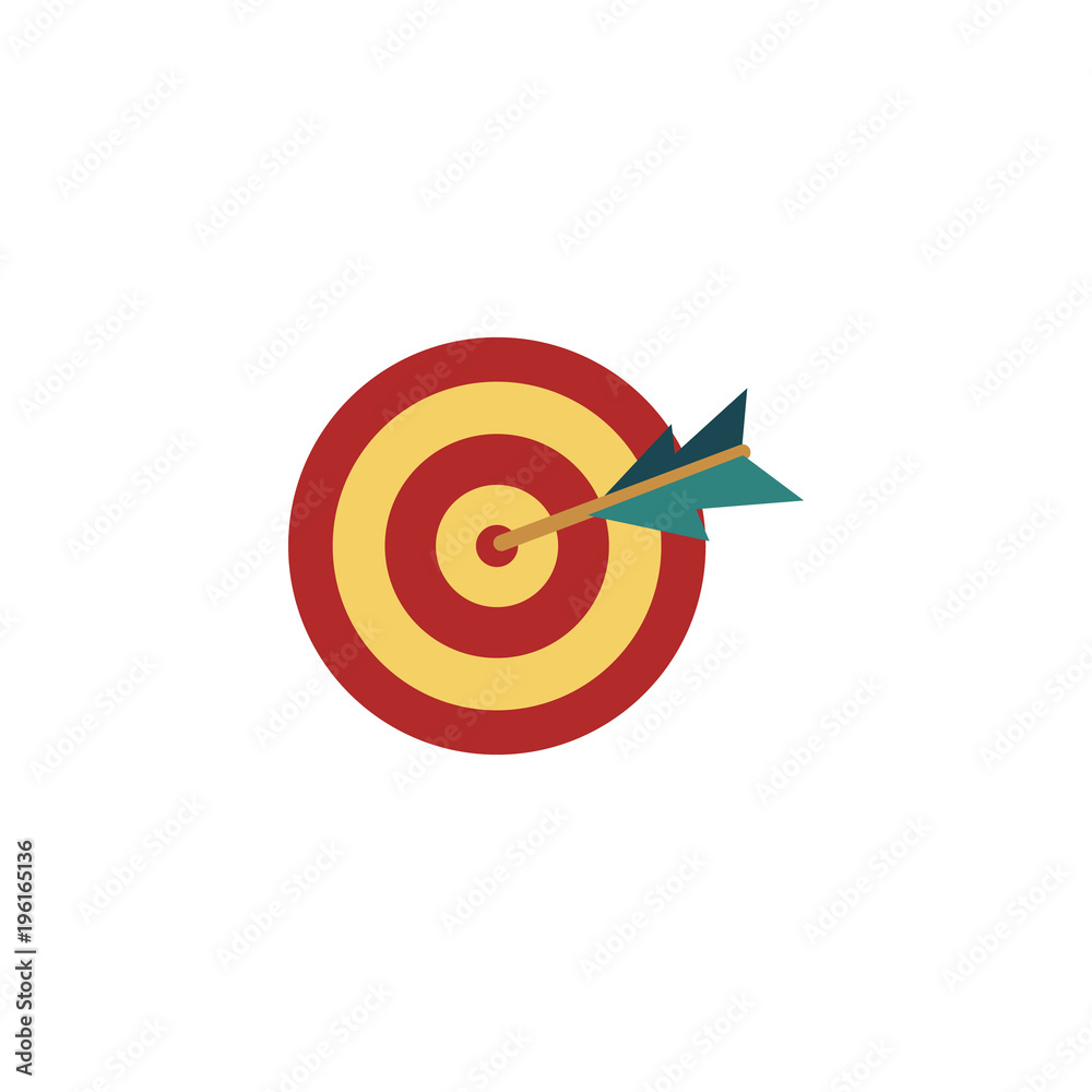 Vector flat darts target dashboard icon with arrow in center bull eye. Sport competition, business success, achievement strategy and accuracy concept. Isolated illustration on a white background Vector flat darts target dashboard icon with arrow in center bull eye. Sport competition, business success, achievement strategy and accuracy concept. Isolated illustration on a white background