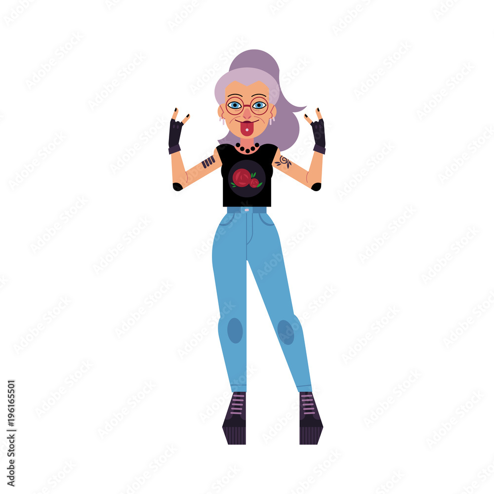 Old, grey haired female rock musician, singer with tattoos and put out tongue, cartoon vector illustration isolated on white background. Full length front view portrait of old woman - rock musician