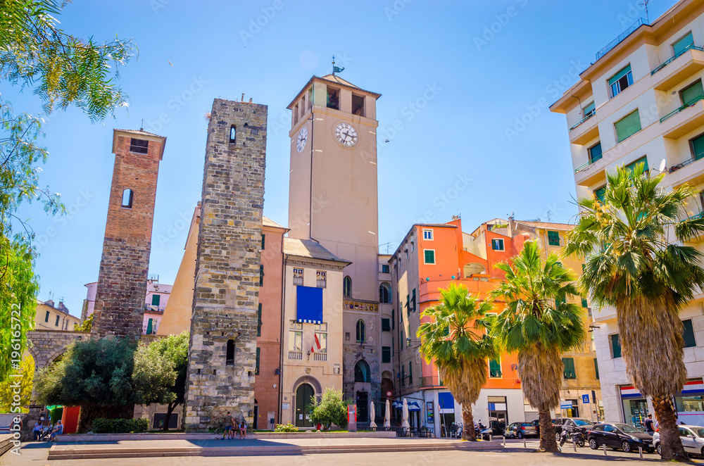 Beautiful street and traditional old buildings of Savona, Liguria, Italy