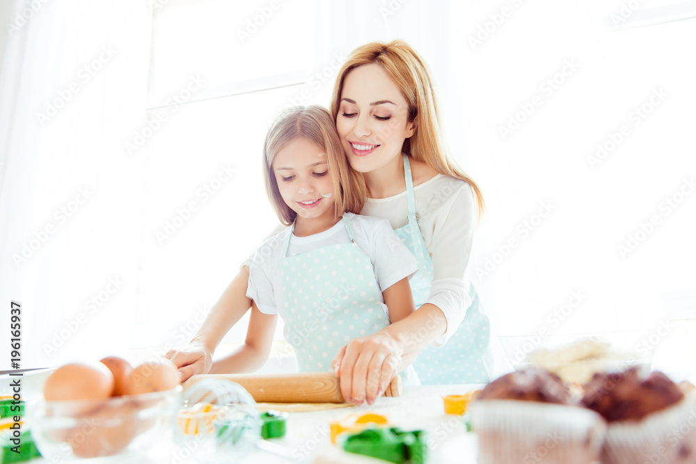 Parent pastry maternity bakery love relationship celebrate party joy tasty embrace cuddle people concept. Cute tender beautiful mommy lovely gentle kid making cupcakes cakes pies for holiday event