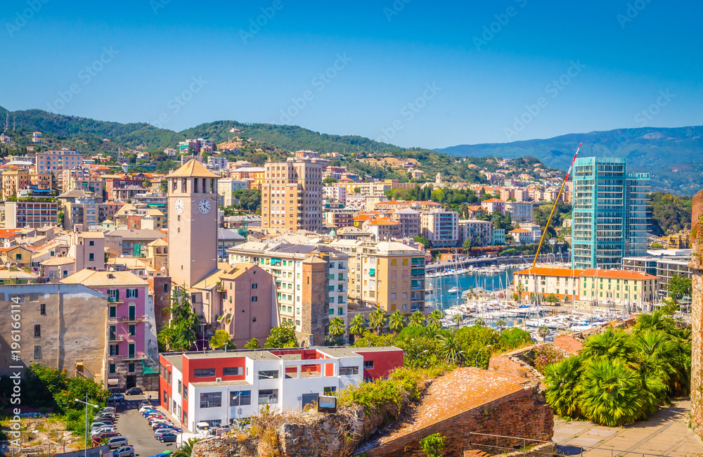 Panoramic view of traditional architecture in Savona, Liguria, Italy