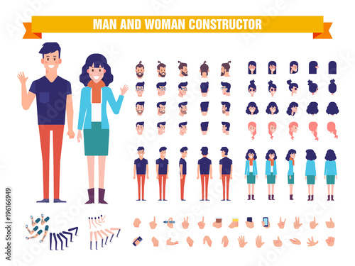 Young Man and woman character constructor with various views, hairstyles, poses and gestures. Front, side, back view. Cartoon style, flat vector illustration. 