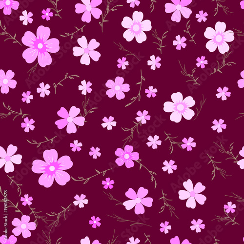 Trendy dark Floral pattern . Botanical Motifs scattered random. Seamless vector texture. for fashion prints. Printing with in hand drawn style on claret background.