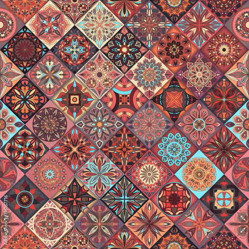 Seamless pattern with decorative mandalas. Vintage mandala elements. Colorful patchwork.