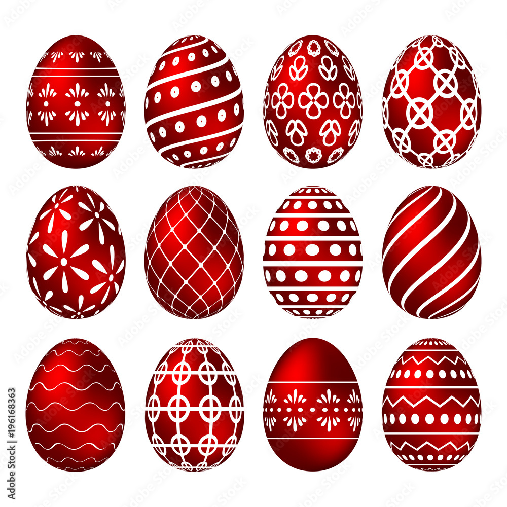 Fototapeta premium A set of red Easter eggs with patterns