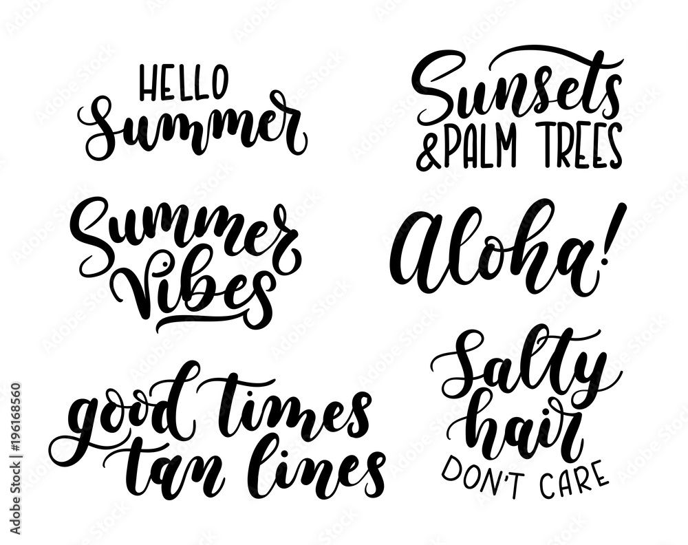 Summer calligraphy set.Big set of summer quotes isolated on white background. Hello Summer. Sunsets and palm trees. Aloha. Summer vibes. Good times tan lines. Salty hair don't care