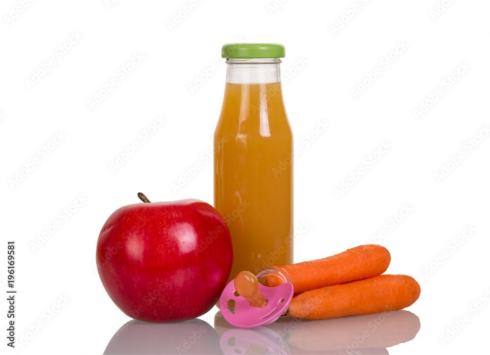 Bottle of fruit juice, Apple, carrot and baby pacifier isolated on white Bottle of fruit juice, Apple, carrot and baby pacifier isolated on white