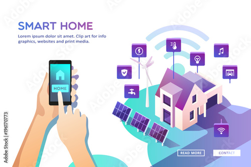 Smart home. Concept of house technology system with wireless centralized control. Isometric vector illustration.