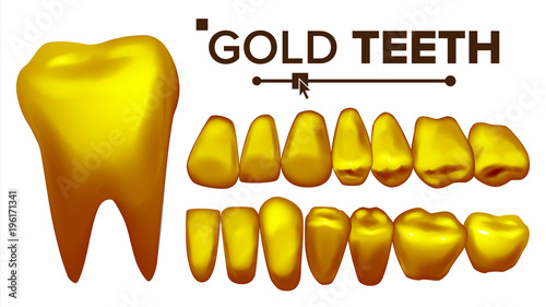 Golden Tooth Vector. Metal Gold Human Teeth. Isolated Illustration